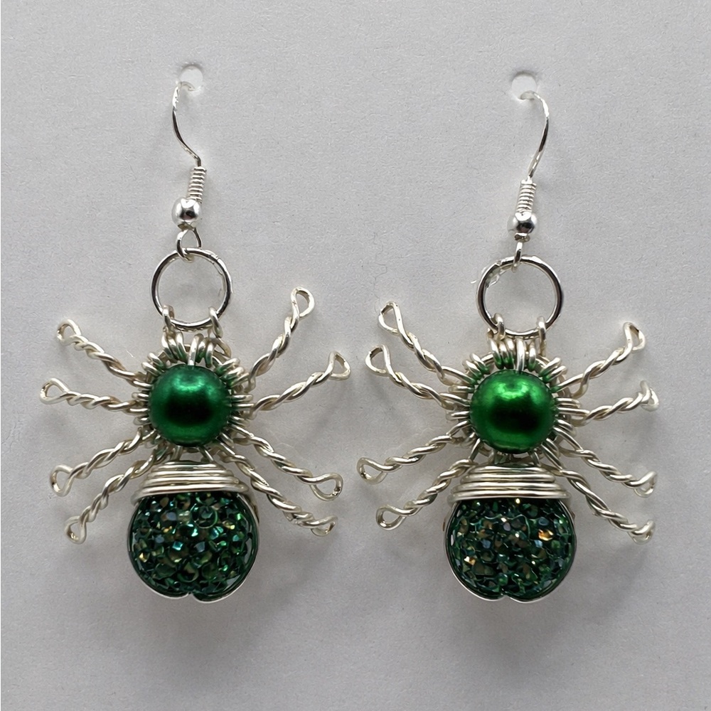 Handmade Green Spider Wire Beaded Drop Earrings